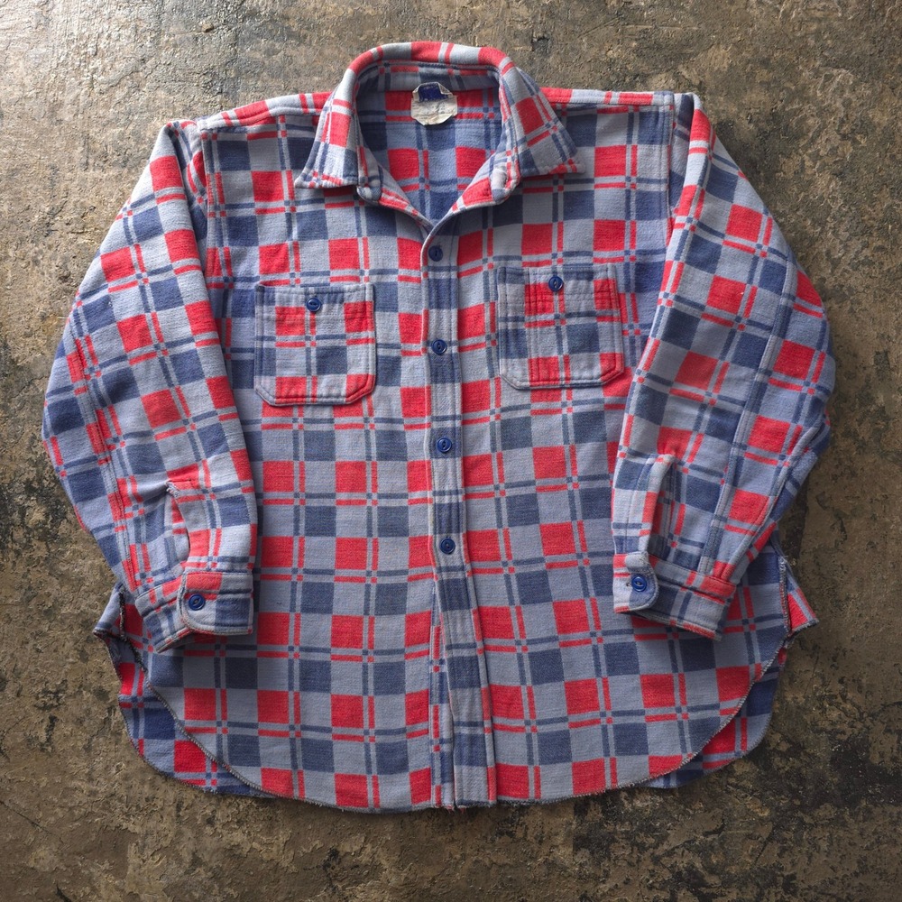 Vintage 1970s Champion Red Blue Plaid Flannel Shirt XL Cotton Made in China